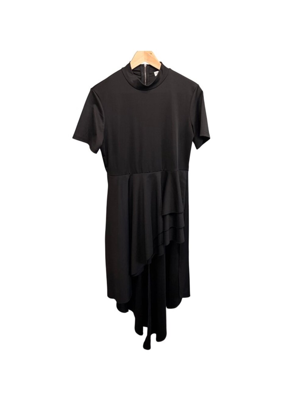 Ruffled High Low Asymmetrical Short Sleeve Dress Tunic Exposed Back Zipper Sz M